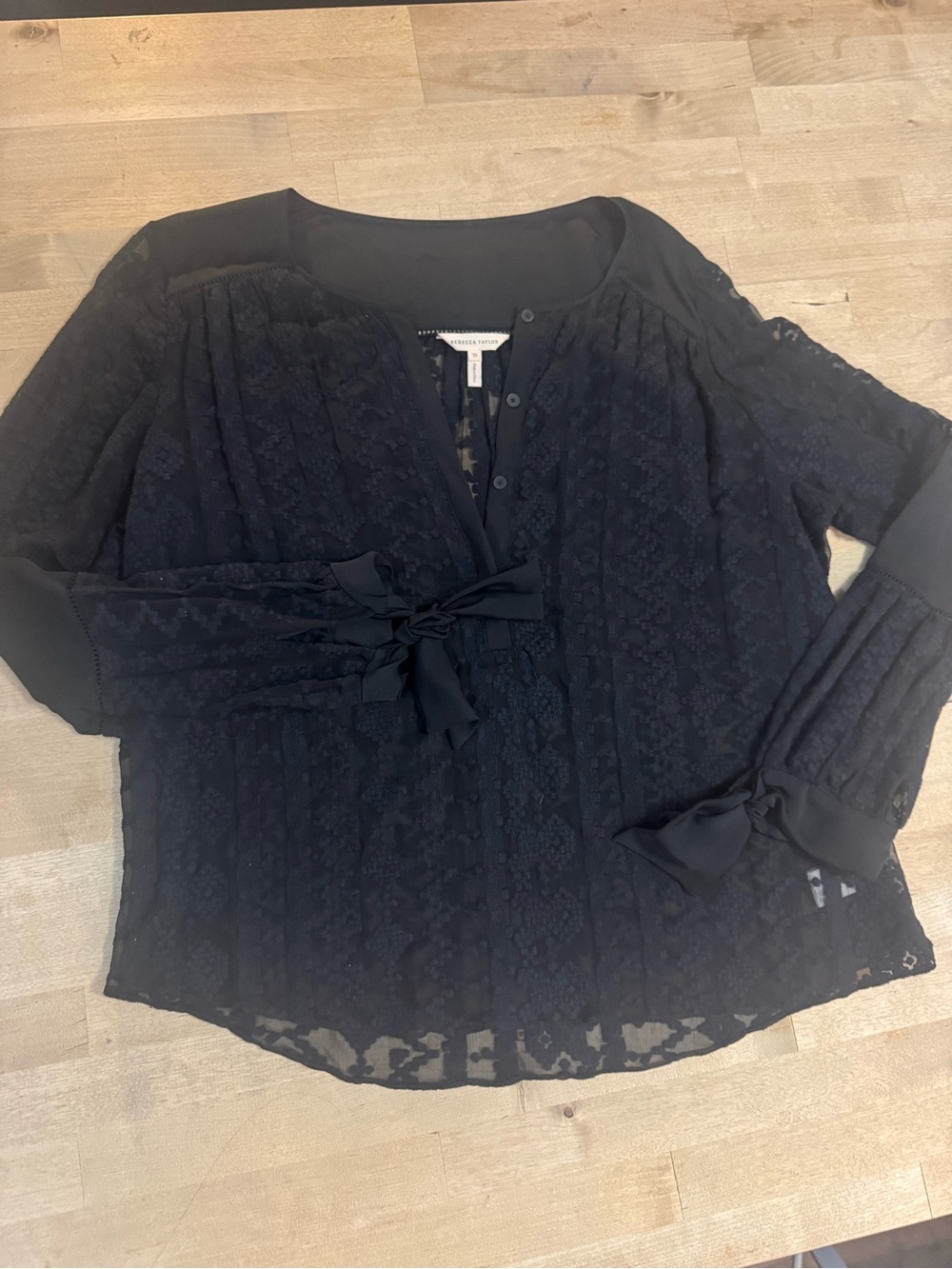 Rebecca Taylor silk Black Lace Tie-Sleeve Blouse